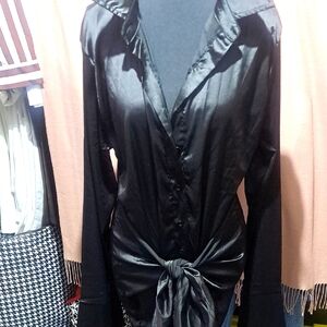 Black Satin Button-Up Mini Dress